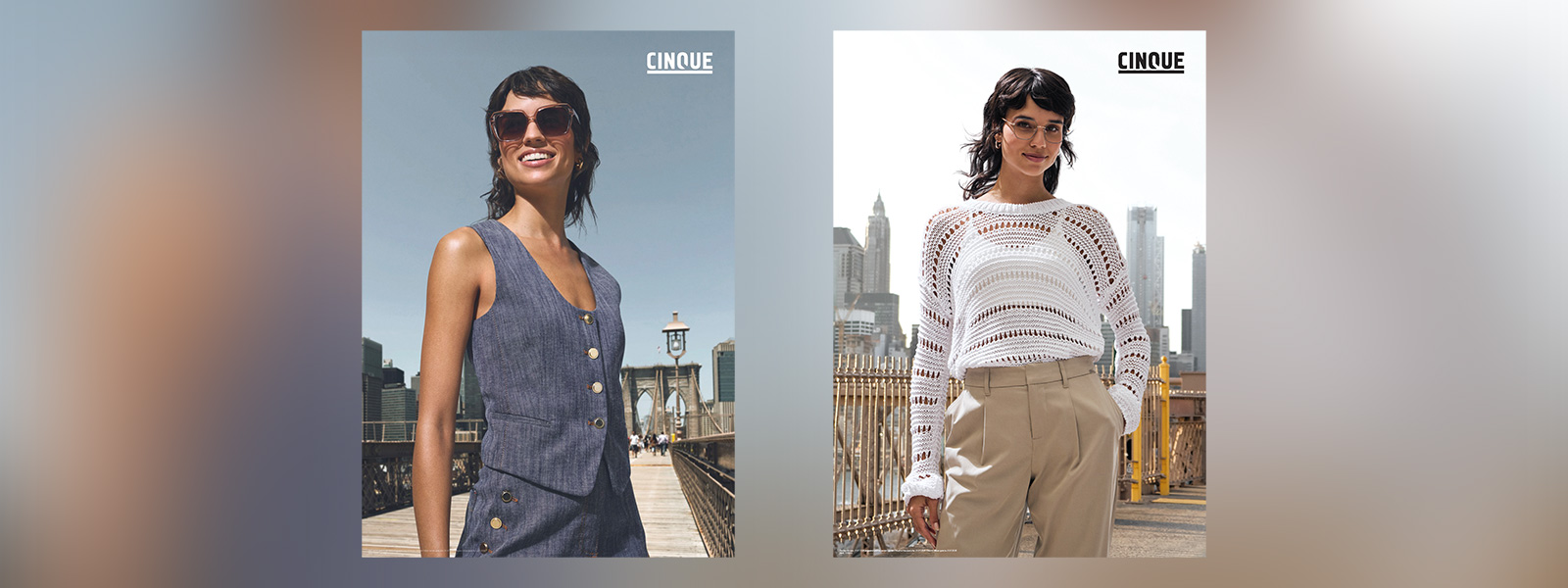 Cinque: eine Frau auf der linken Bildseite mit Sonnenbrille; und auf der rechten Bildseite mit Brille